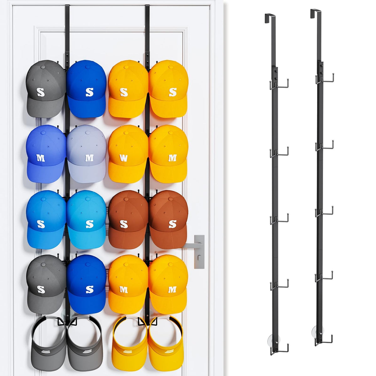 SWTYMIKI Over Door Hat Organizer - 2 Packs Metal Wall Mounted Hat Rack with 16 Hooks Design, Hanging Baseball Cap Organizer Storage Holds up to 32 Caps for Door, Bedroom, Closet