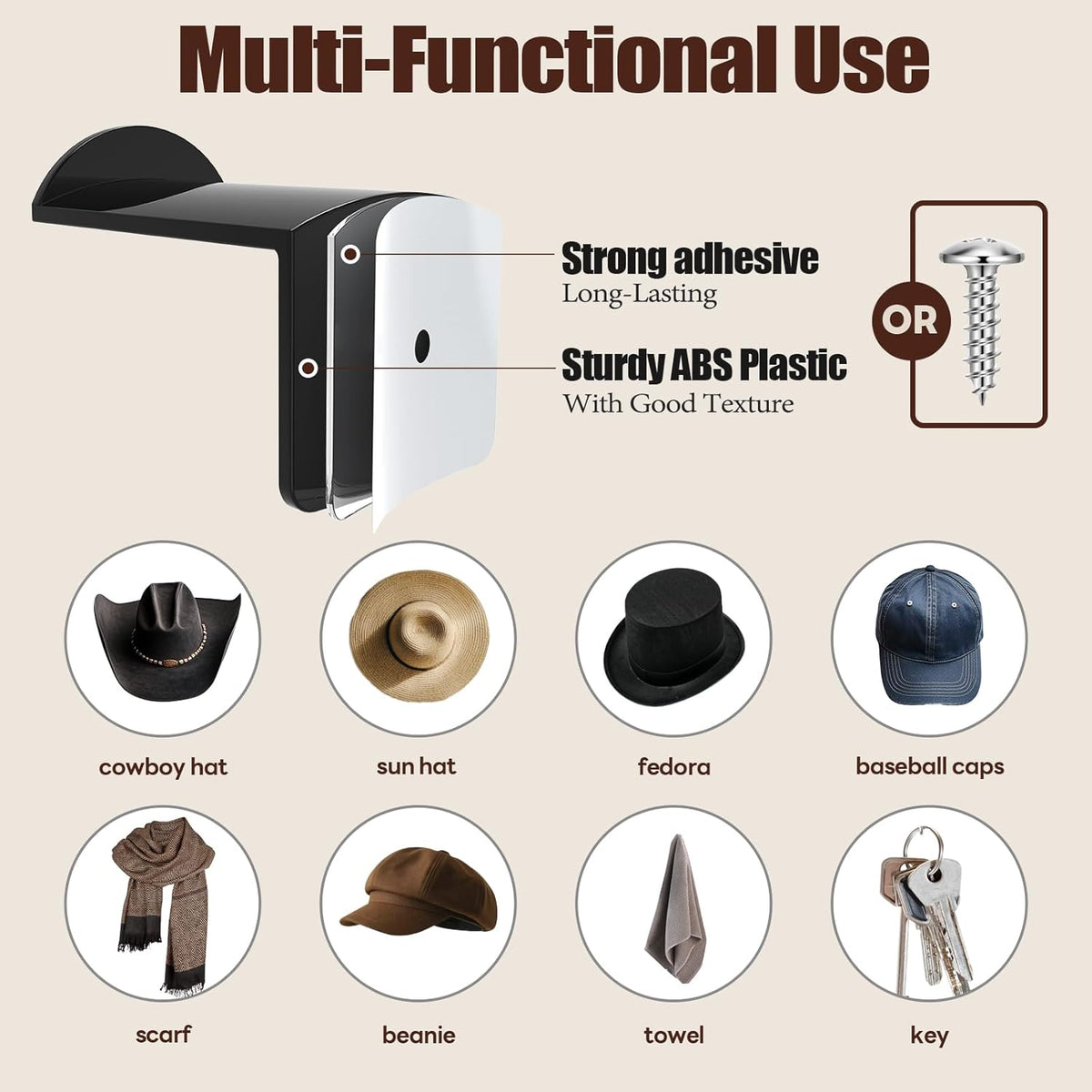Aoodaily 2.8 Inch Hat Hooks for Wall - (8 Pack) Cowboy Hat Rack, Strong Adhesive Cap Holder, Organizer for Baseball Caps, Western Room Decor - Black