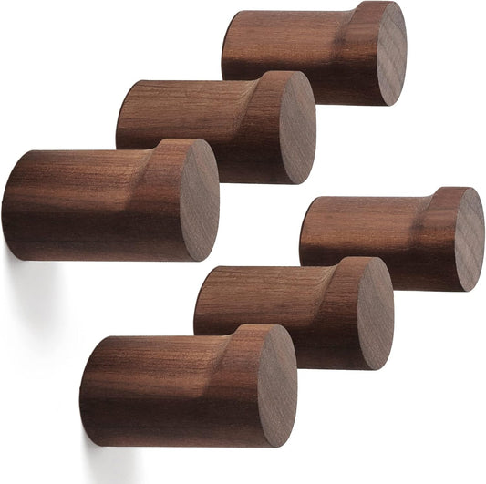 bsdonte Wood Wall Hooks 6 Pack, Natural Wooden Coat Hooks Wall Mounted, Handmade Rustic Hat Hooks Heavy Duty Entryway Wall Hangers for Hanging Towels, Clothes, Bags (Black Walnut Wood)