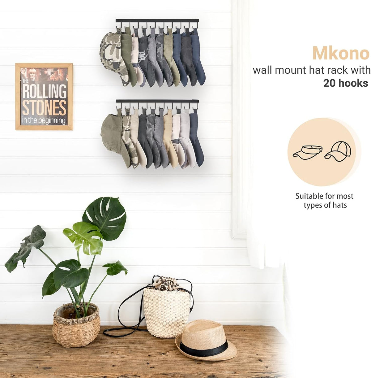 Mkono Hat Organizer, Metal Hat Rack for Wall Storage Holds 40 Caps Set of 4