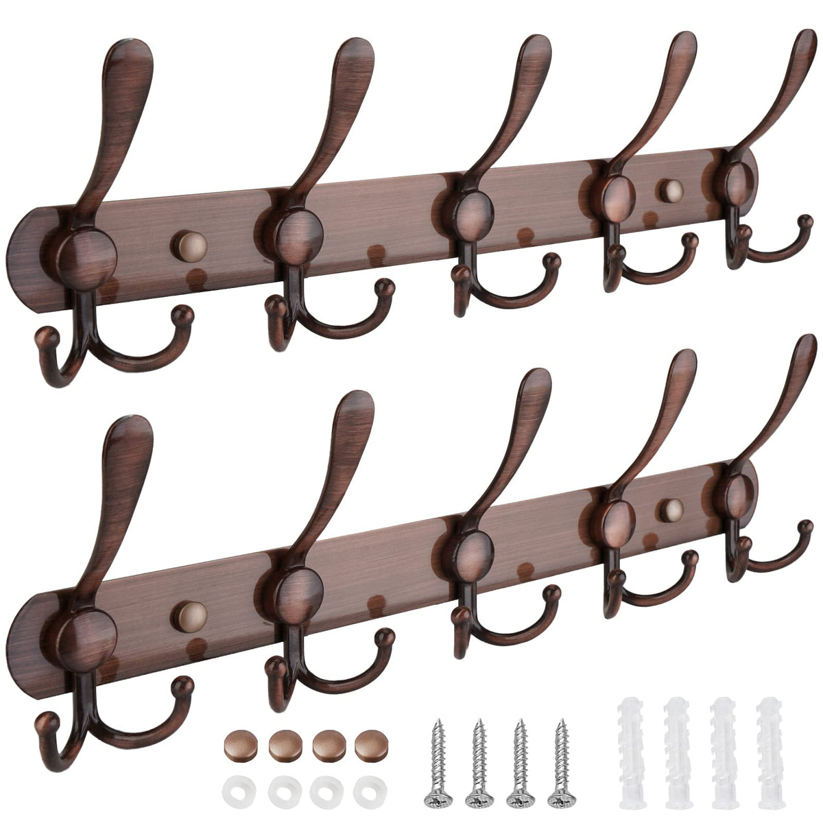 TICONN Wall Mounted Coat Rack, Five Heavy Duty Tri Hooks All Metal Construction for Jacket Coat Hat in Mudroom Entryway (Matte Black, 2-Pack)