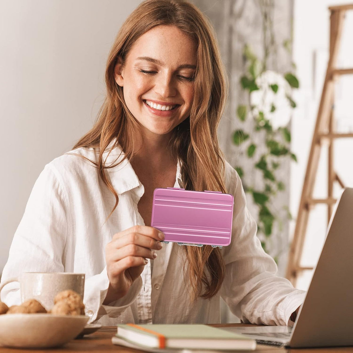 Oudain 2 Pcs Mini Briefcase Business Card Holder Case,Pink, Blue