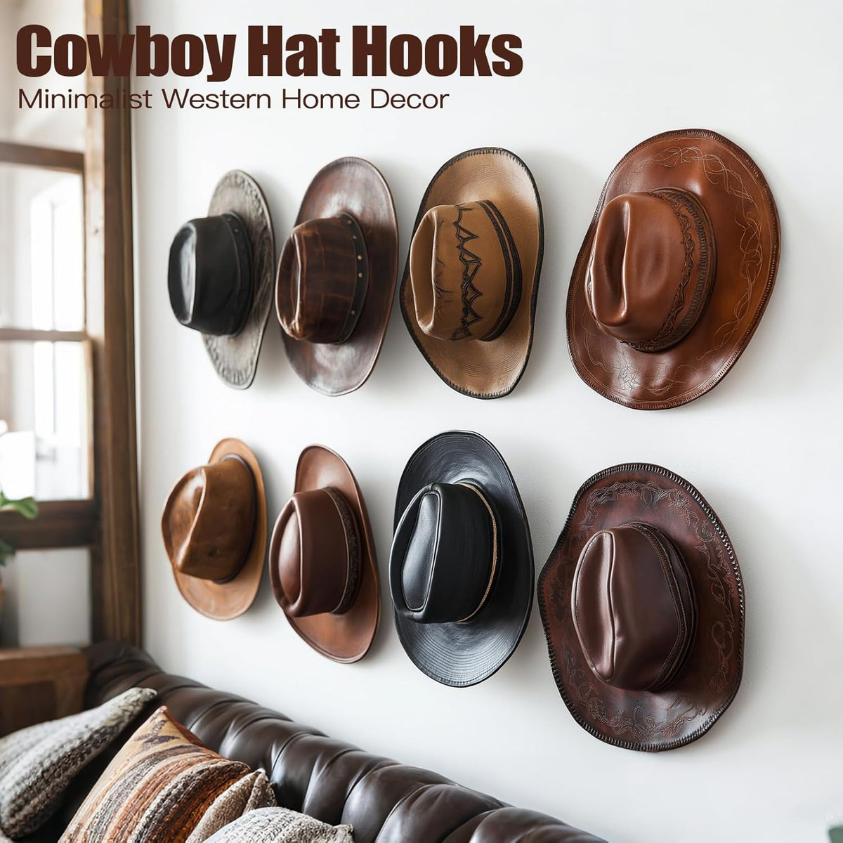Aoodaily 2.8 Inch Hat Hooks for Wall - (8 Pack) Cowboy Hat Rack, Strong Adhesive Cap Holder, Organizer for Baseball Caps, Western Room Decor - Black