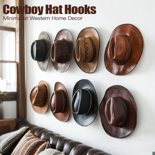 Aoodaily 2.8 Inch Hat Hooks for Wall - (8 Pack) Cowboy Hat Rack, Strong Adhesive Cap Holder, Organizer for Baseball Caps, Western Room Decor - Black