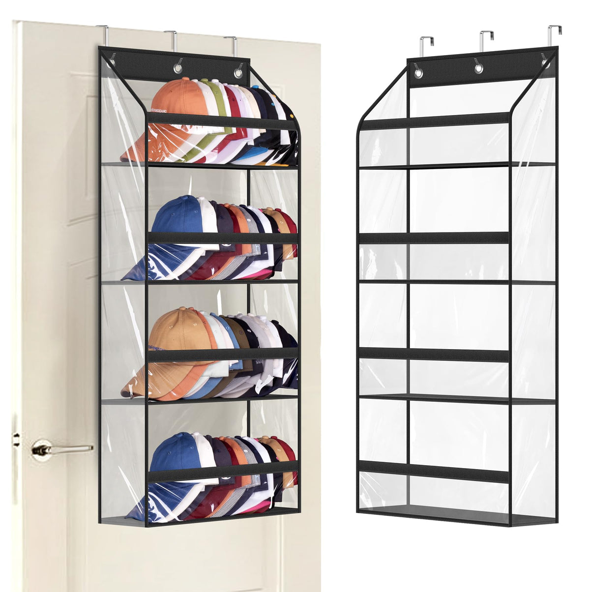 AOODA Clear Over The Door Hat Racks for Baseball Caps, Large Holds up to 72 Caps Hat Storage Organizer for Closet Wall, Deep Pockets Hanging Hat Holder with 3 Hooks, Black