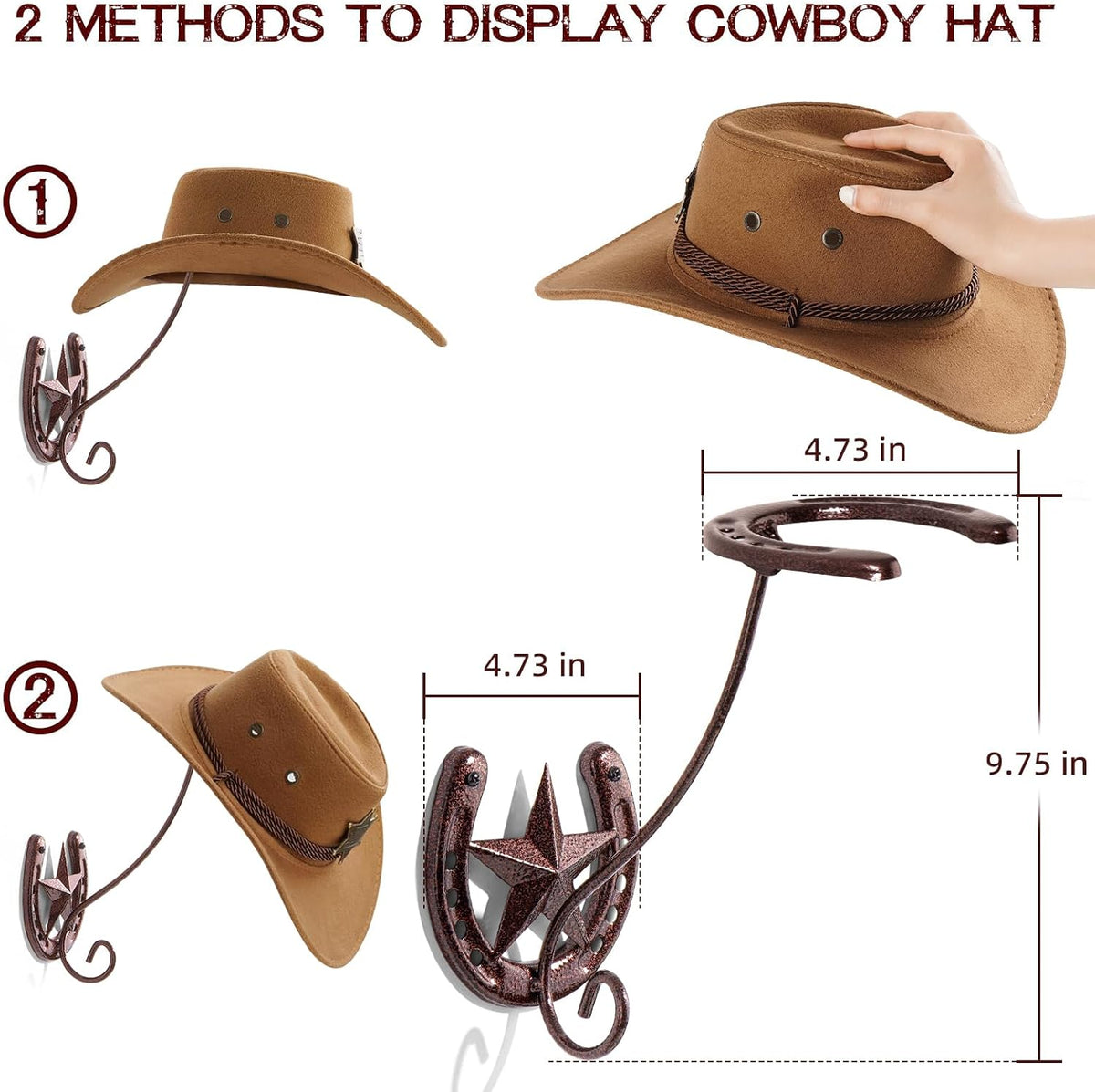 Cowboy Hat Rack for Wall Rustic Metal Cowboy Hat Holder 2 Pack Hat Hanger Western Wall Decor Horseshoe Hooks Storage Display Closet Bedroom Living Room Western Gift Antique Bronze
