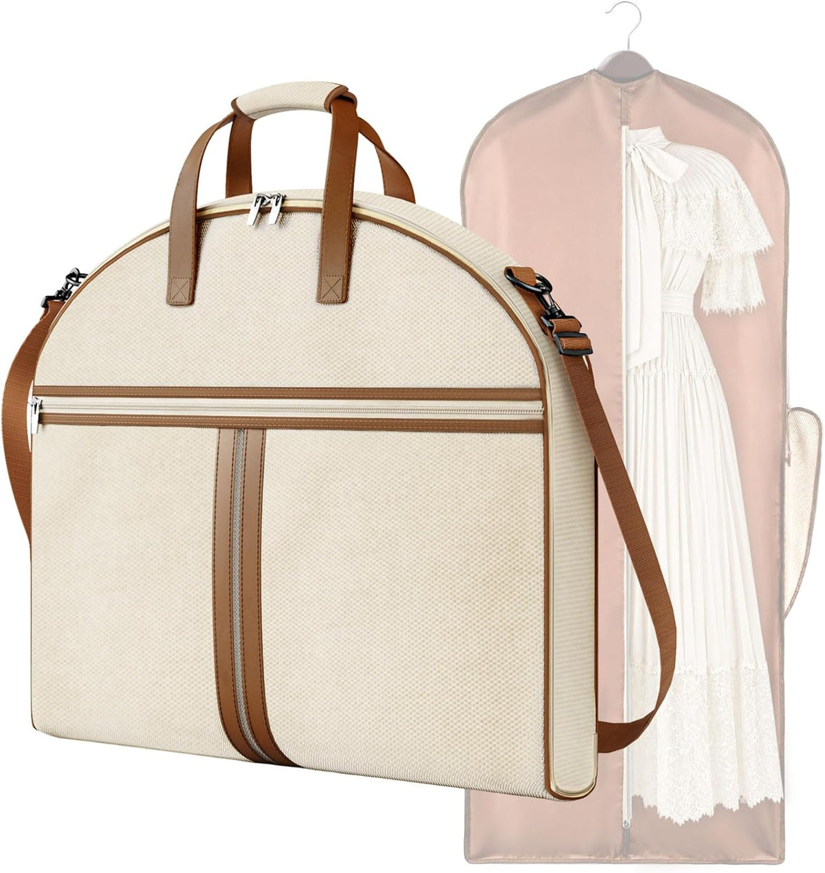 MISSLO Carry on Garment Bags for Travel for Women 56" Foldable Dress Bag with Large Pockets Bag Suit Luggage Garment Bag with Shoulder Strap for Business, Wedding, Hanging Clothes, Beige