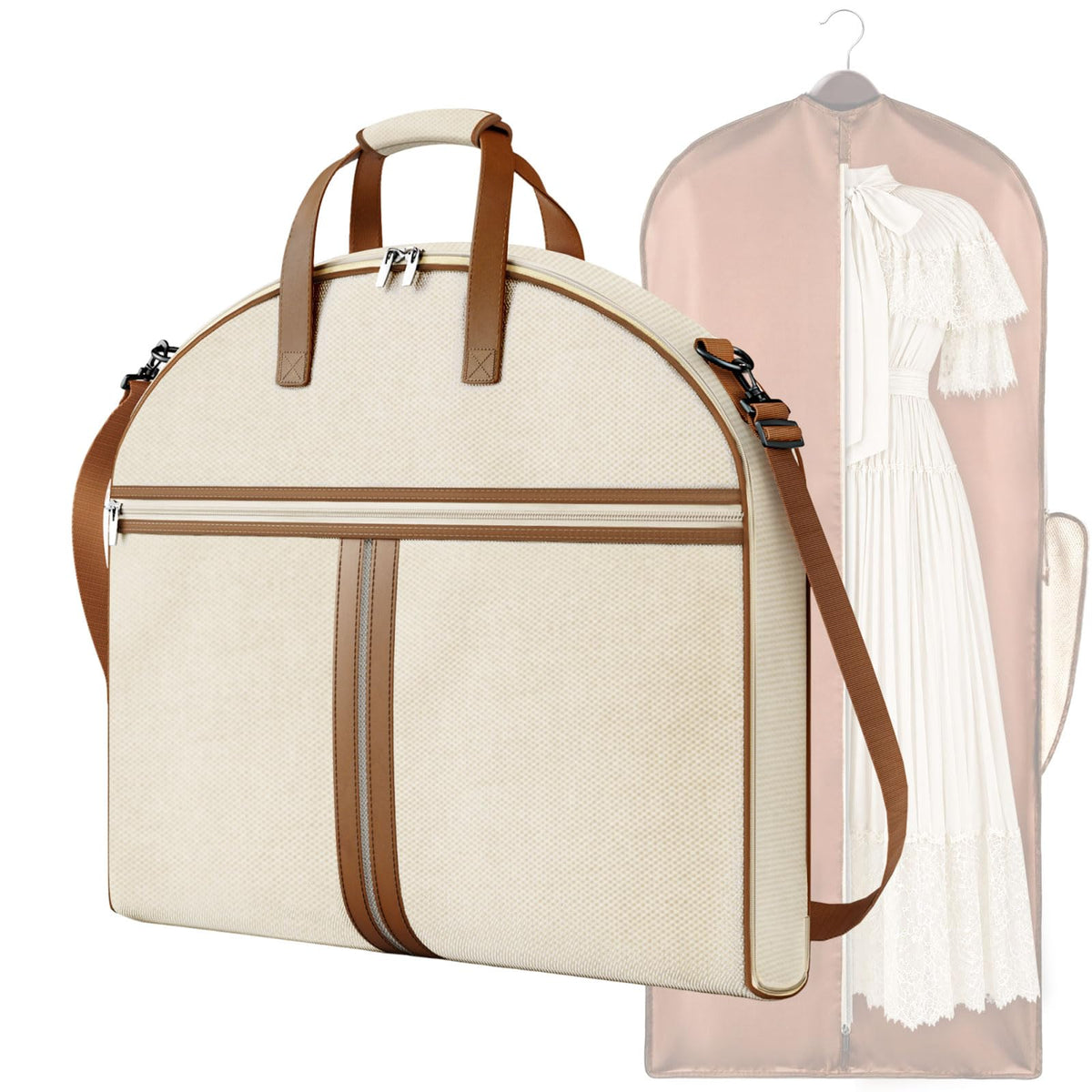 MISSLO Carry on Garment Bags for Travel for Women 56" Foldable Dress Bag with Large Pockets Bag Suit Luggage Garment Bag with Shoulder Strap for Business, Wedding, Hanging Clothes, Beige