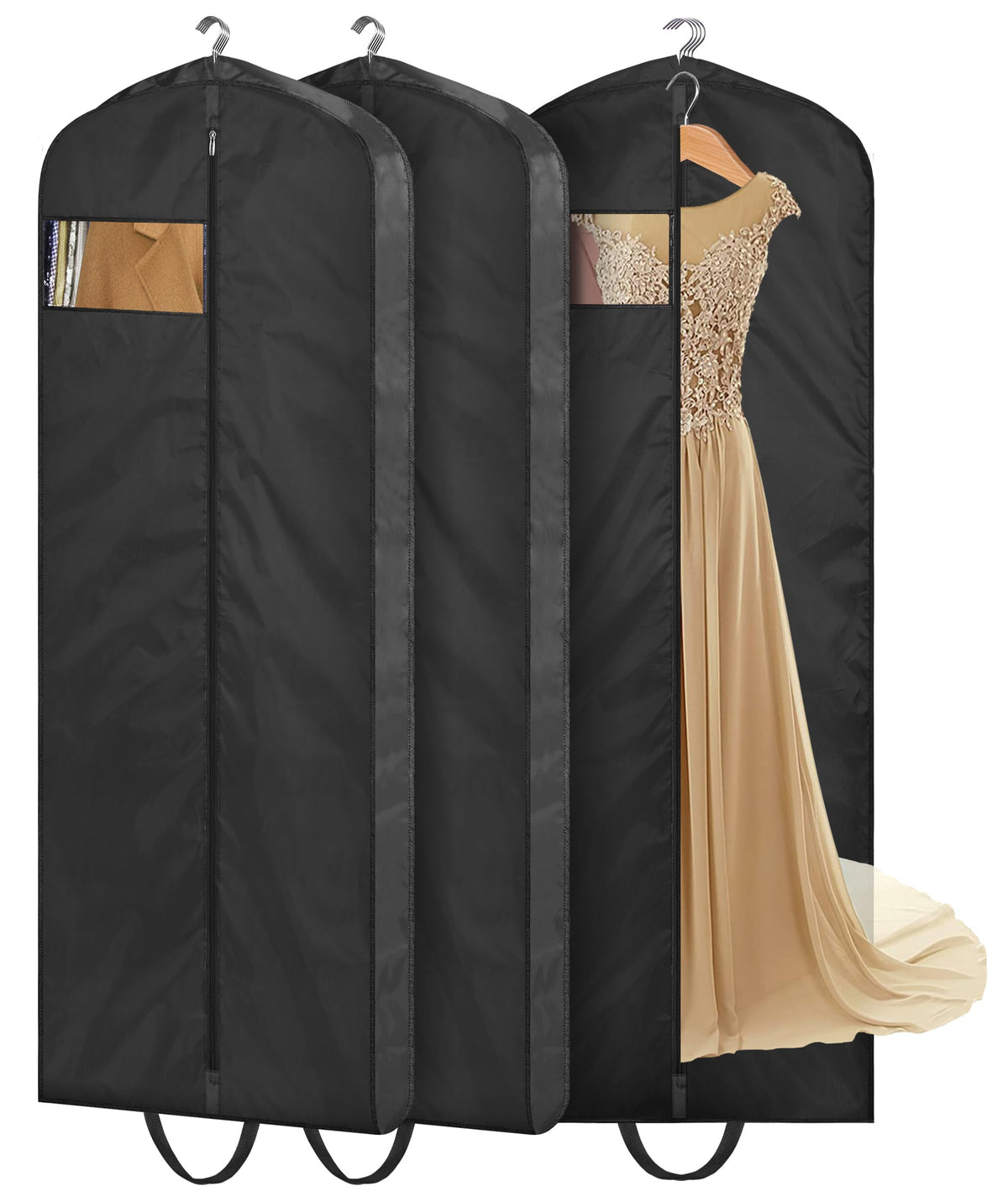 MISSLO 65" Long Garment Bags for Travel Dress Bags for Hanging Clothes 2 Packs Wedding Dress Cover Waterproof Clothes Protector for Closet Storage for Gowns, Tuxedos, Coats, Black