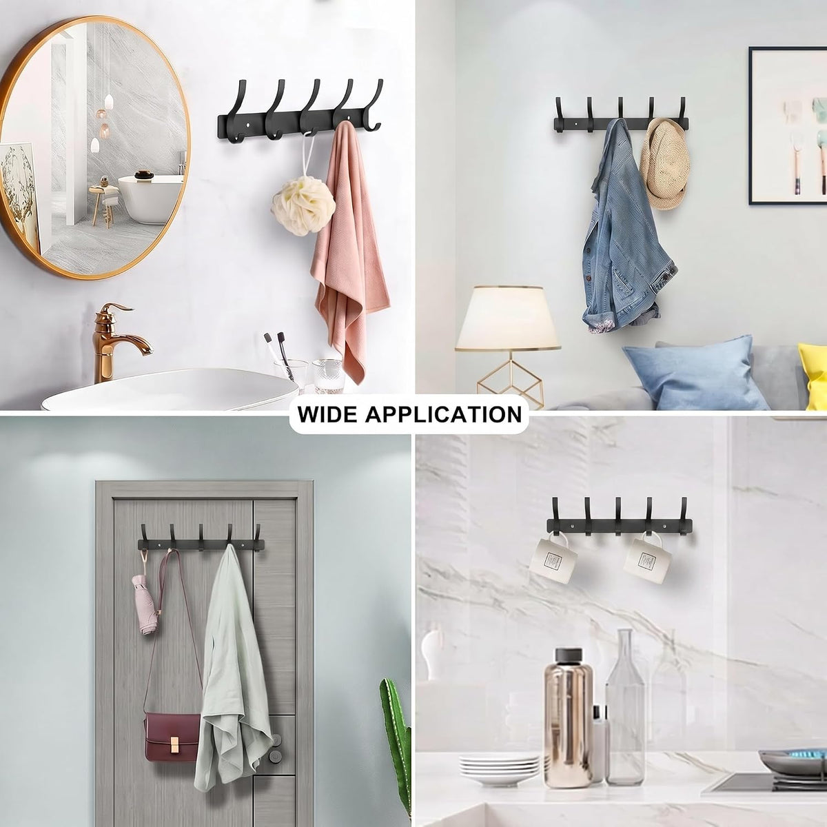 Coat Rack Wall Mounted,5 Coat Hooks for Hanging Coats,Heavy Duty Metal Double Hook Rack Hook Rail,Coat Rack with Hooks,Wall Mount Coat Hanger for Hat Towel Purse Robes (2 Pack Black, 5 Hooks)