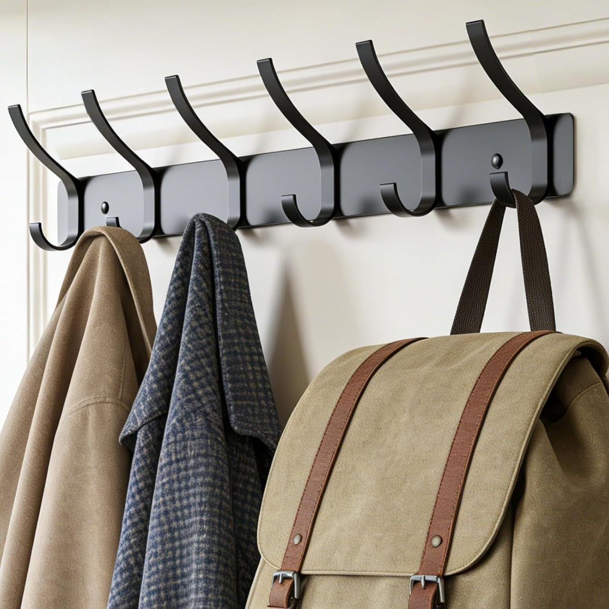 Wall Mounted Coat Rack, 6 Hooks for Hanging Clothes, Black, 2-Pack
