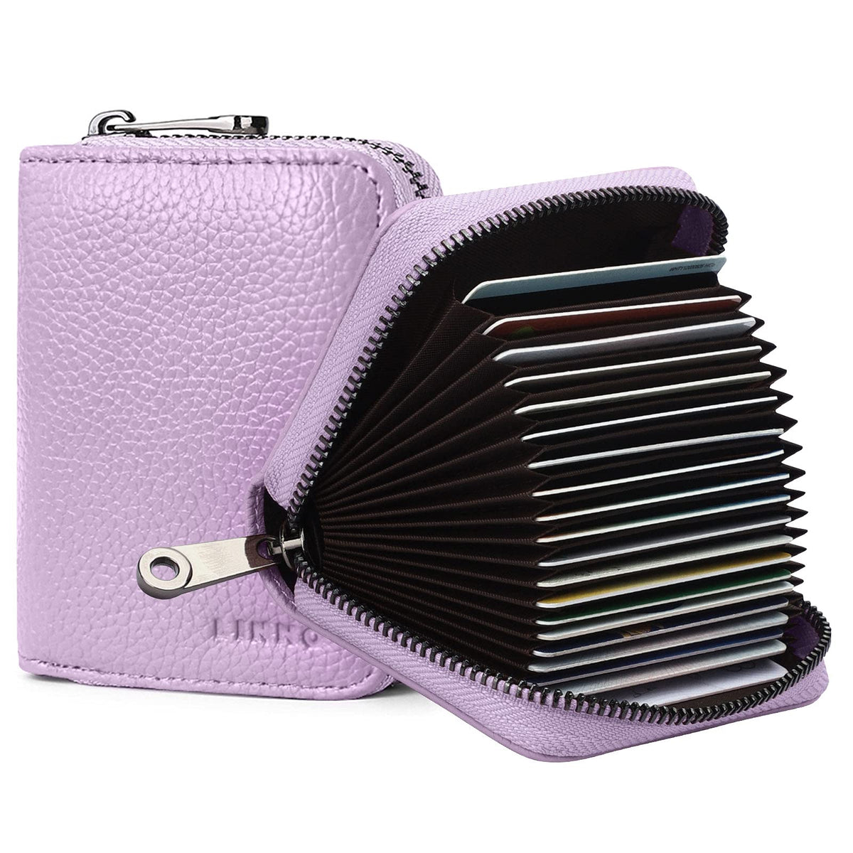 Linno RFID 20 Slots Credit Card Holder Genuine Leather Small Wallet for Women or Men with Zipper