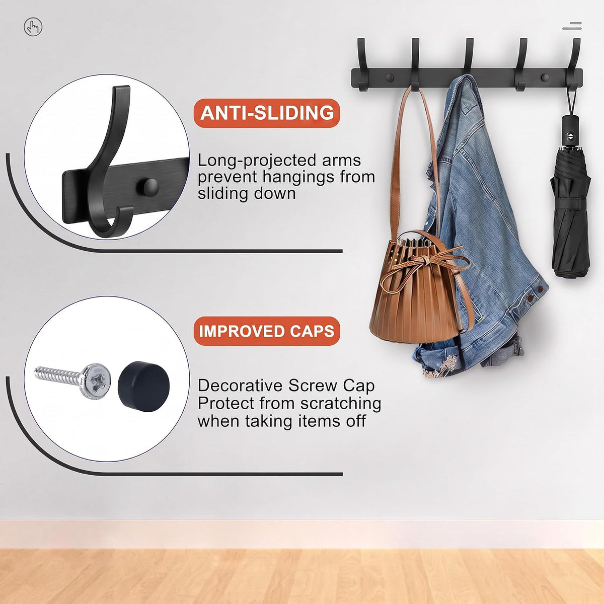 Coat Rack Wall Mounted,5 Coat Hooks for Hanging Coats,Heavy Duty Metal Double Hook Rack Hook Rail,Coat Rack with Hooks,Wall Mount Coat Hanger for Hat Towel Purse Robes (2 Pack Black, 5 Hooks)
