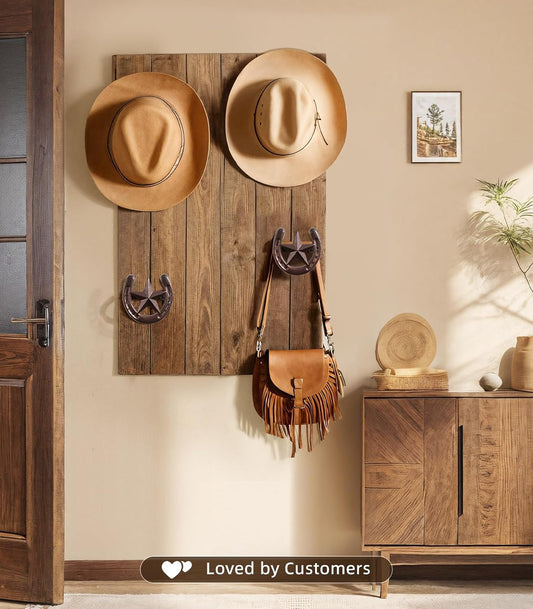 Cowboy Hat Rack for Wall, 4 Pack Iron Horseshoe Star Hooks, Bronze