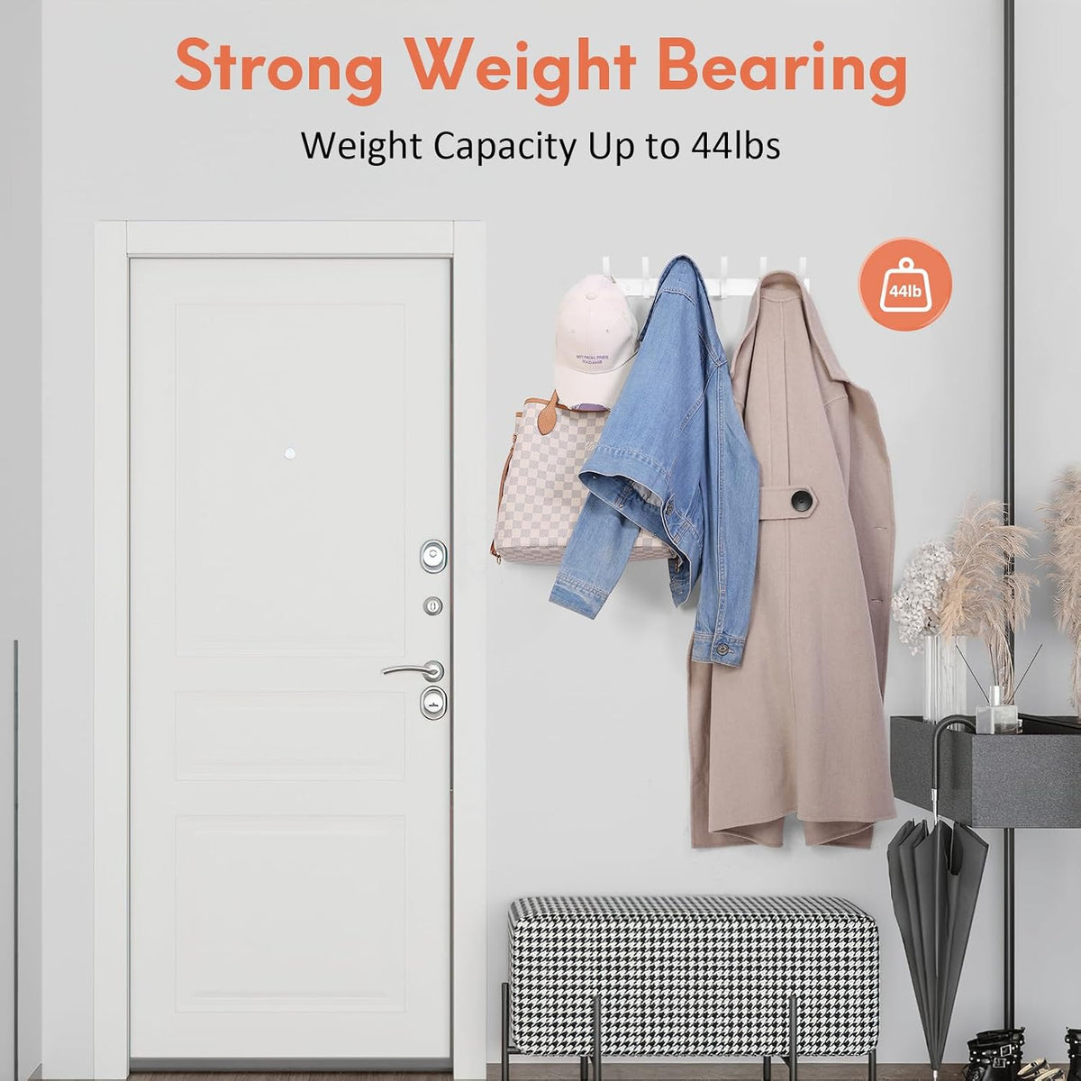 Optish Coat Rack Wall Mount, Coat Hook Wall Mount, Wall Hooks for Hanging, Hat Rack for Walls, Coats Hanger with 12 Hook, Towel Hooks for Bathrooms (2 Pack, White)