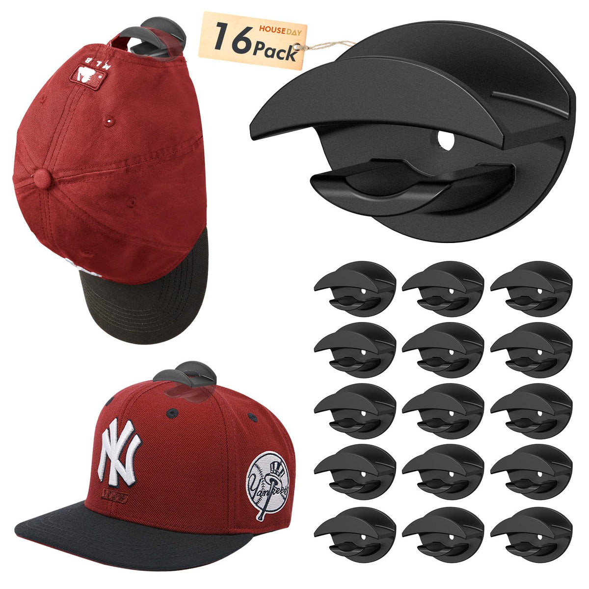 HOUSE DAY Adhesive Hat Hooks for Wall 16 Pack, Black
