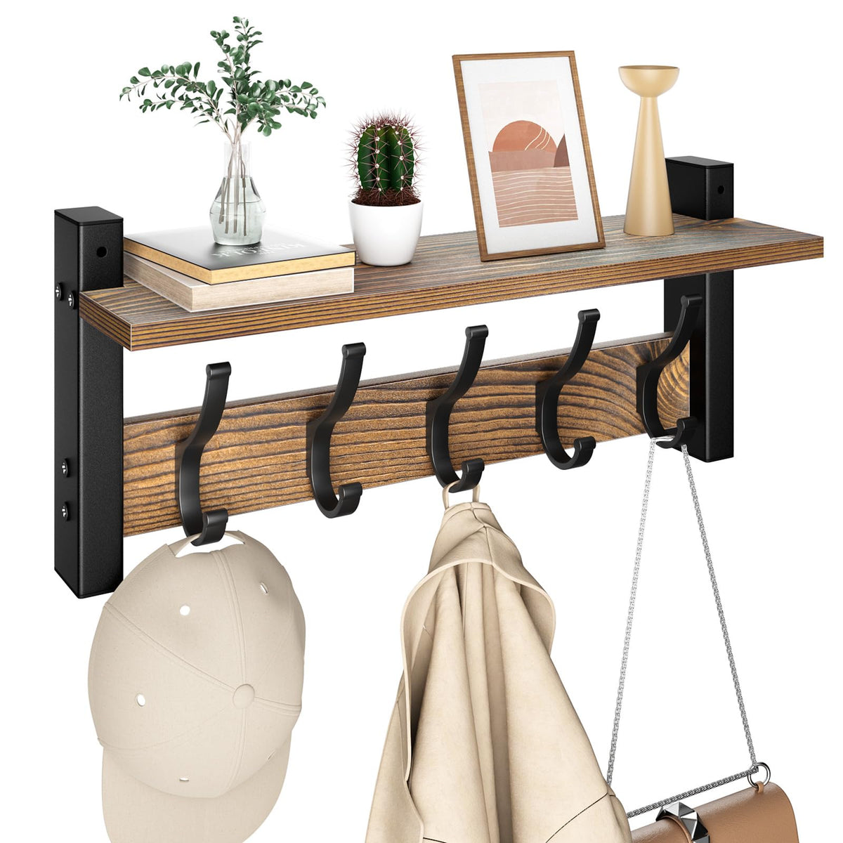 Optish Coat Rack Wall Mount with Shelf, 17.1 Inch Coat Hanger Walls Mounted, Hat Rack for Walls, Shelf with 5 Coat Hooks, Wall Hanger for Entryway (Black)