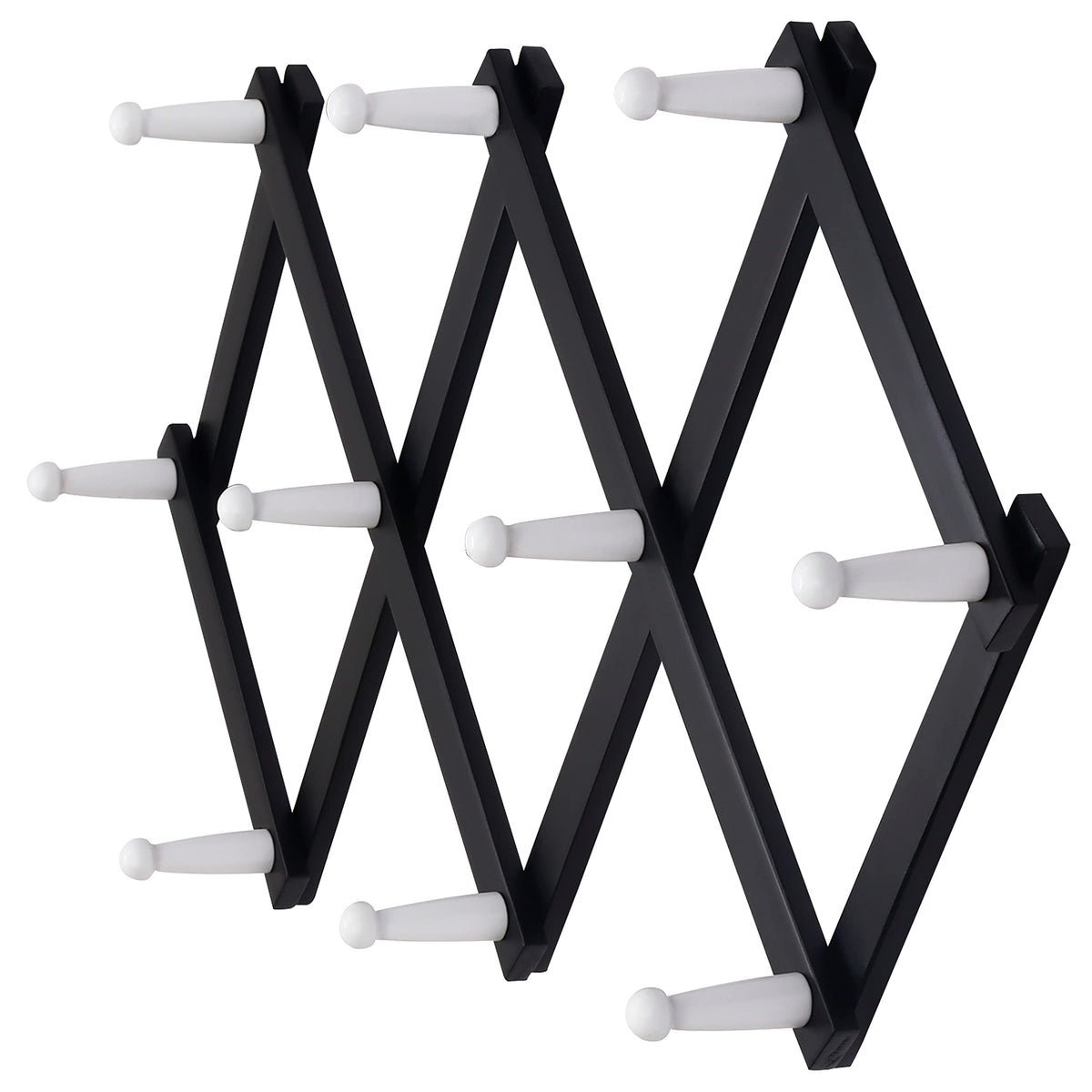 Dseap Accordian Wall Hanger: 16” High Wooden Wall Expandable Coat Rack, Hat Rack Holder, Accordion Hook for Baseball Caps, Coats, Mugs, 13 Peg Hooks, White