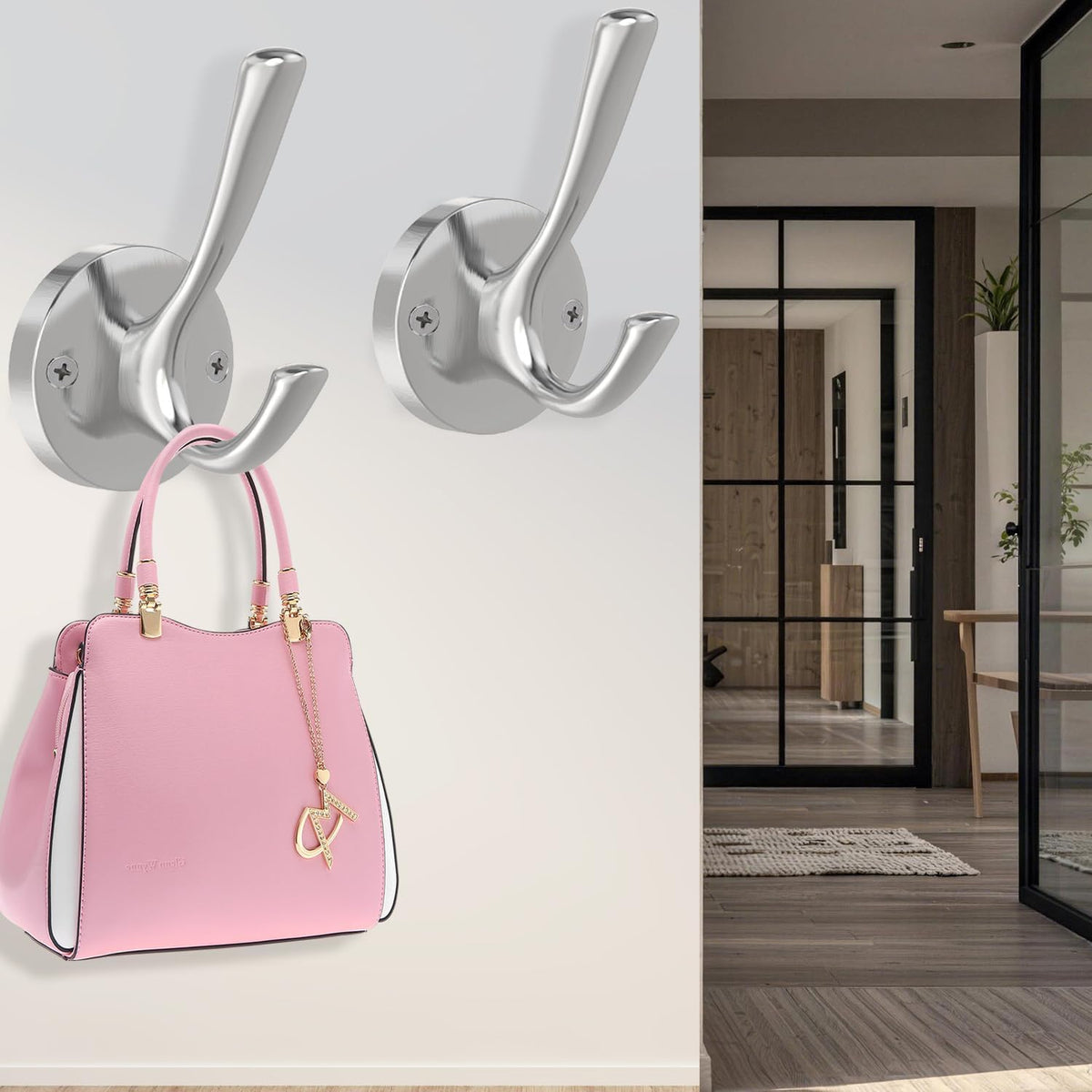 TOFIIGREM Brushed Nickel Robe Hooks Towel Hooks, 3 Pack Coat Hook Heavy Duty Mudroom Hook Double Bathrobe Hook Wall Mounted, Hat Hooks for Entryway Bathroom Kitchen Closet