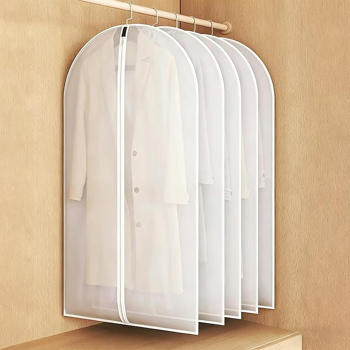 24x55 Inch Garment Bags for Hanging Clothes, Translucent, 5 Pcs Waterproof Suit Covers for Closet Storage, Full Zipper White Dust Proof Garment Bags for Suits, Coats, Dresses and Dance Clothes