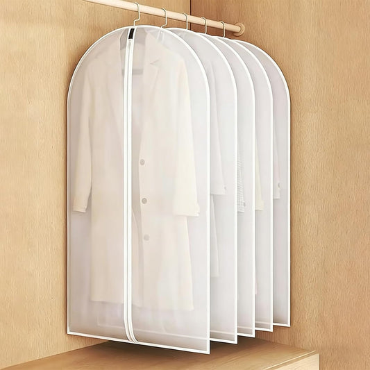 24x55 Inch Garment Bags for Hanging Clothes, Translucent, 5 Pcs Waterproof Suit Covers for Closet Storage, Full Zipper White Dust Proof Garment Bags for Suits, Coats, Dresses and Dance Clothes
