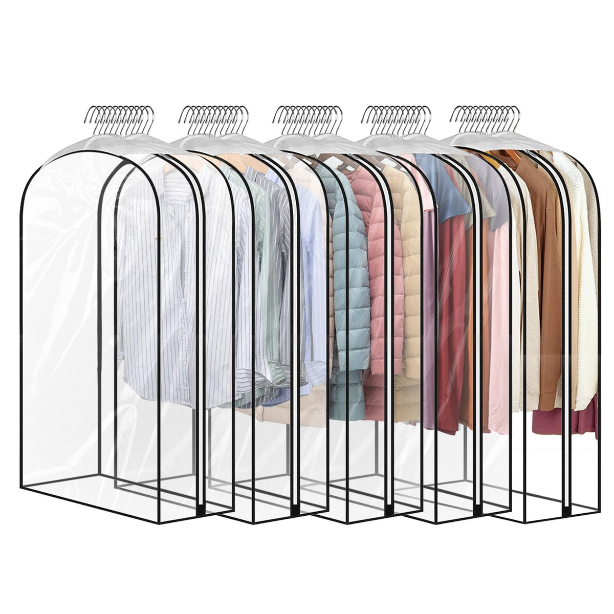 5 Pack 60" All Clear Garment Bags for Hanging Clothes Storage, 10" Gusseted Large Capacity Garment Rack Cover, Large Hanging Clothing Bag for Dress Gowns, Coats, Suit, Down Jacket