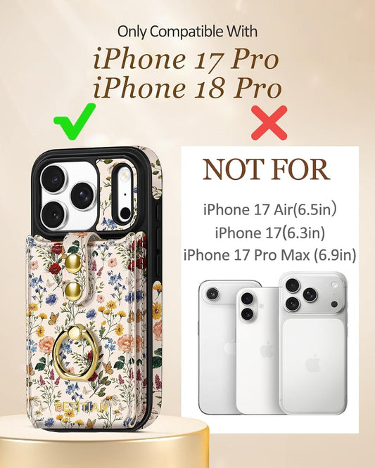 Petitian for iPhone 18 Pro/17 Pro Wallet Case for Women, Vintage Flower