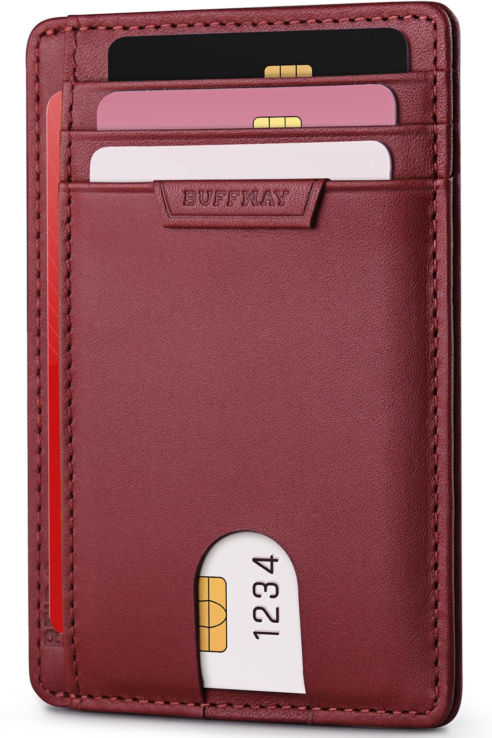 Buffway Slim Minimalist Front Pocket RFID Blocking Leather Wallets for Men and Women - Alaska Cherry