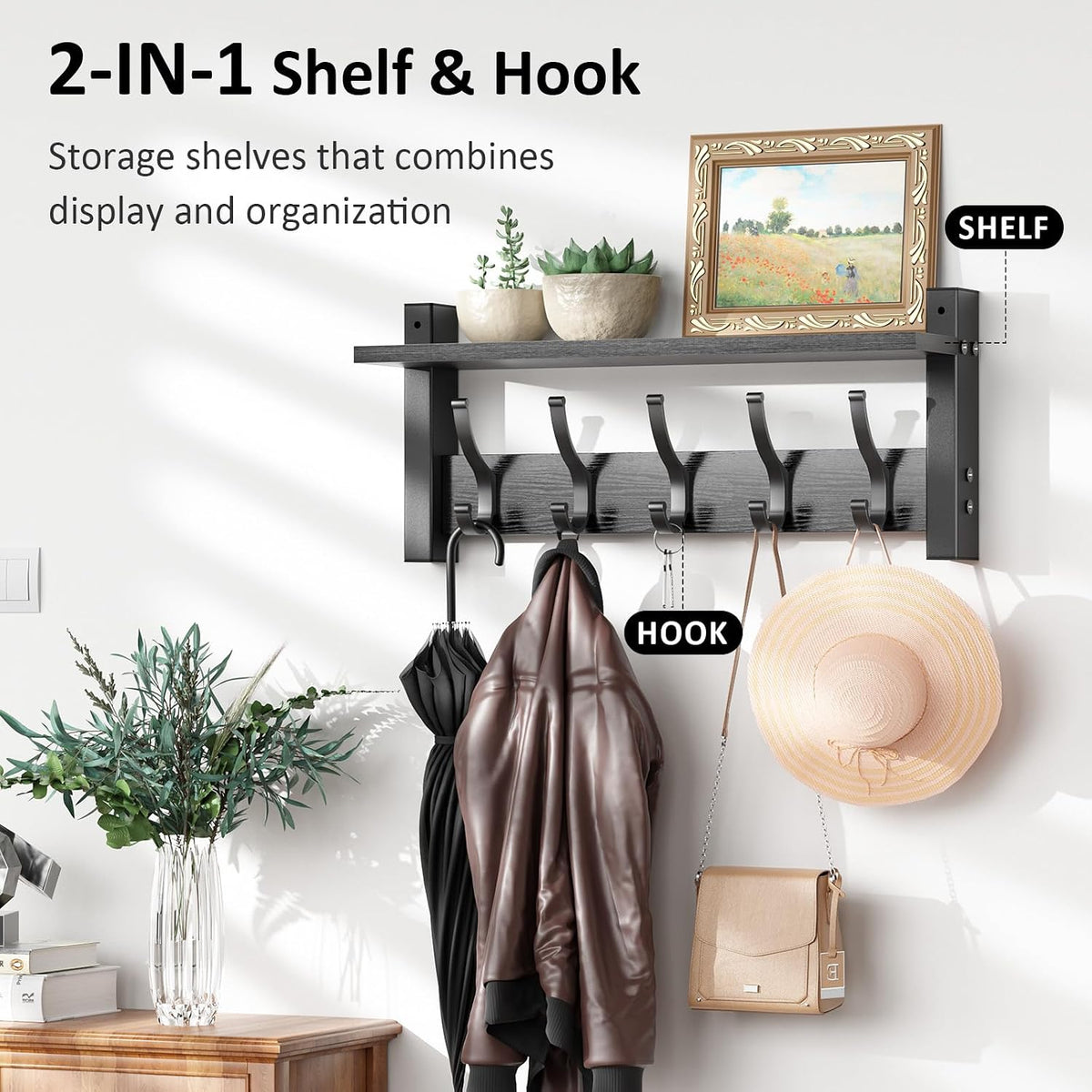 Optish Coat Rack Wall Mount with Shelf, 17.1 Inch Coat Hanger Walls Mounted, Hat Rack for Walls, Shelf with 5 Coat Hooks, Wall Hanger for Entryway (Black)