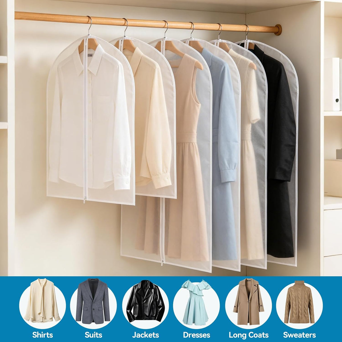 Garment Bags for Hanging Clothes PEVA 6 Pack Mixed Sizes Translucent
