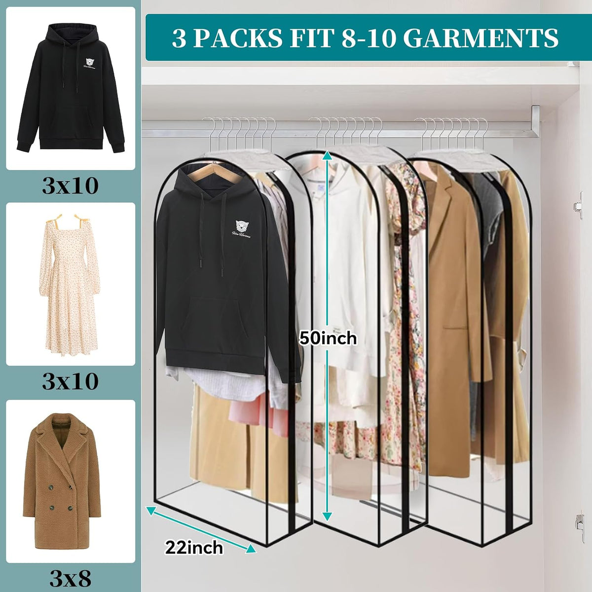 10” Gusseted Clear Garment Bags, 40” Hanging Suit Bags for Closet Storage - Protect Clothes, Suits, Coats, Dresses - 3 Pack (50 inch)