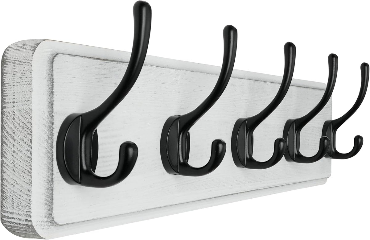 SKOLOO Rustic Coat Rack Wall Mount, 5 Hooks, 17 Inch, Solid Wood, White