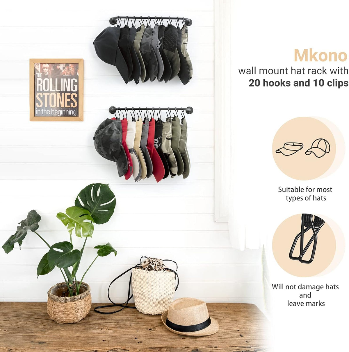 Mkono Hat Organizer Hat Rack for Wall Storage Holder with 20 Hooks Set of 2
