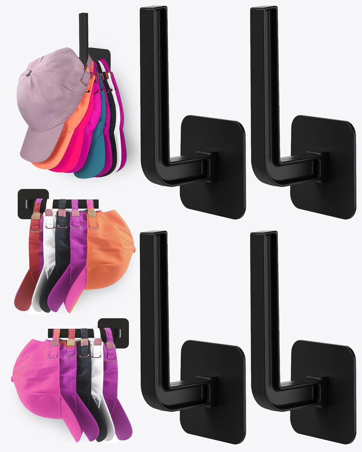 Hat Rack for Hat Storage (4-Pack), Multi-Purpose Hat Organizer, Strong Adhesive Hat Hooks for Wall Organizer for Baseball Caps, Two Mounting Options Hook, White