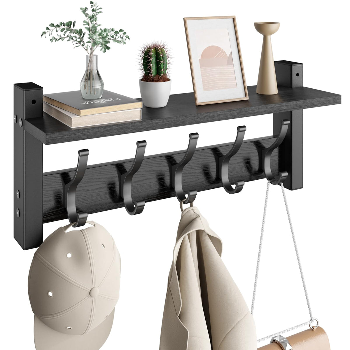 Optish Coat Rack Wall Mount with Shelf, 17.1 Inch Coat Hanger Walls Mounted, Hat Rack for Walls, Shelf with 5 Coat Hooks, Wall Hanger for Entryway (Black)
