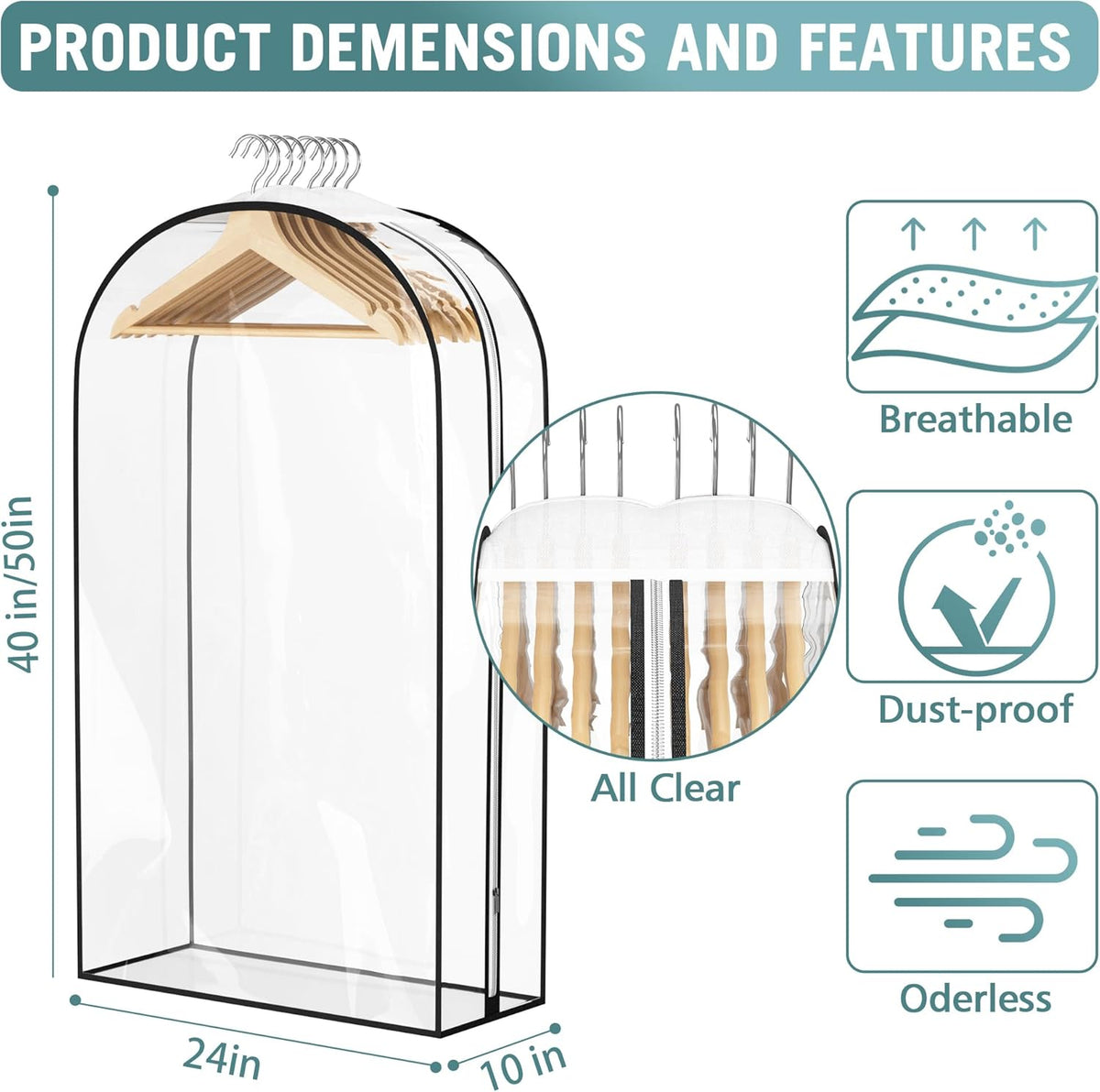 Liuoud Clear Garment Bags for Hanging Clothes 10” Gusseted, 6 Pack, 40”&50”