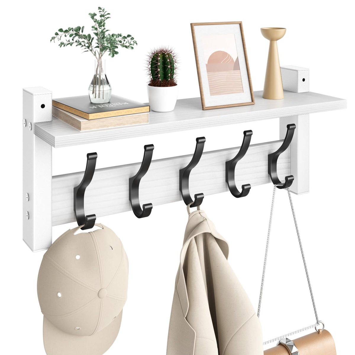 Optish Coat Rack Wall Mount with Shelf, 17.1 Inch Coat Hanger Walls Mounted, Hat Rack for Walls, Shelf with 5 Coat Hooks, Wall Hanger for Entryway (Black)