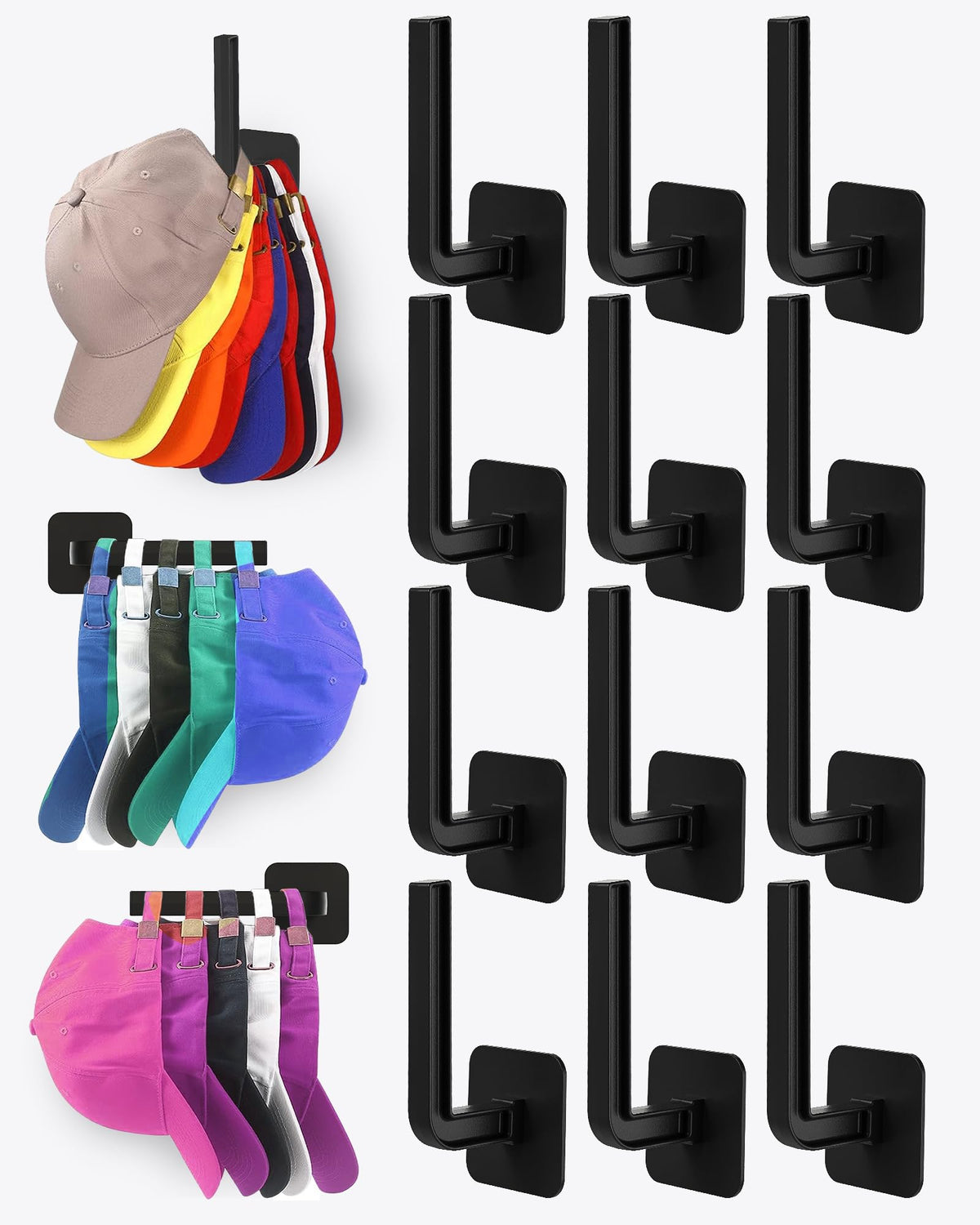 Hat Rack for Hat Storage (4-Pack), Multi-Purpose Hat Organizer, Strong Adhesive Hat Hooks for Wall Organizer for Baseball Caps, Two Mounting Options Hook, Black