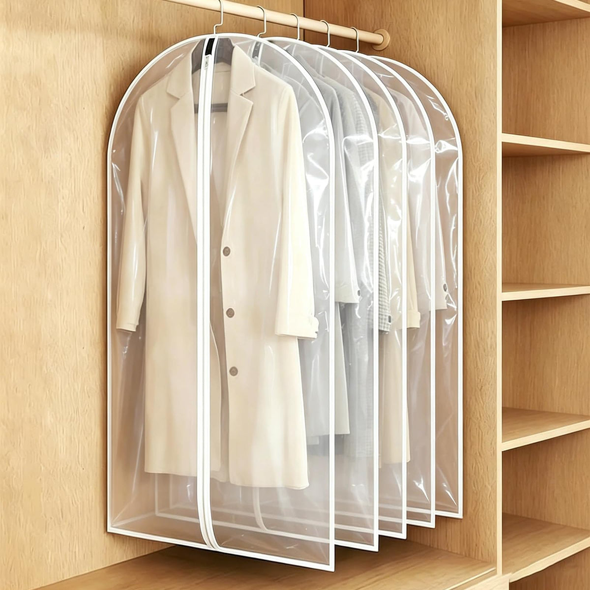 24x55 Inch Garment Bags for Hanging Clothes, Translucent, 5 Pcs Waterproof Suit Covers for Closet Storage, Full Zipper White Dust Proof Garment Bags for Suits, Coats, Dresses and Dance Clothes