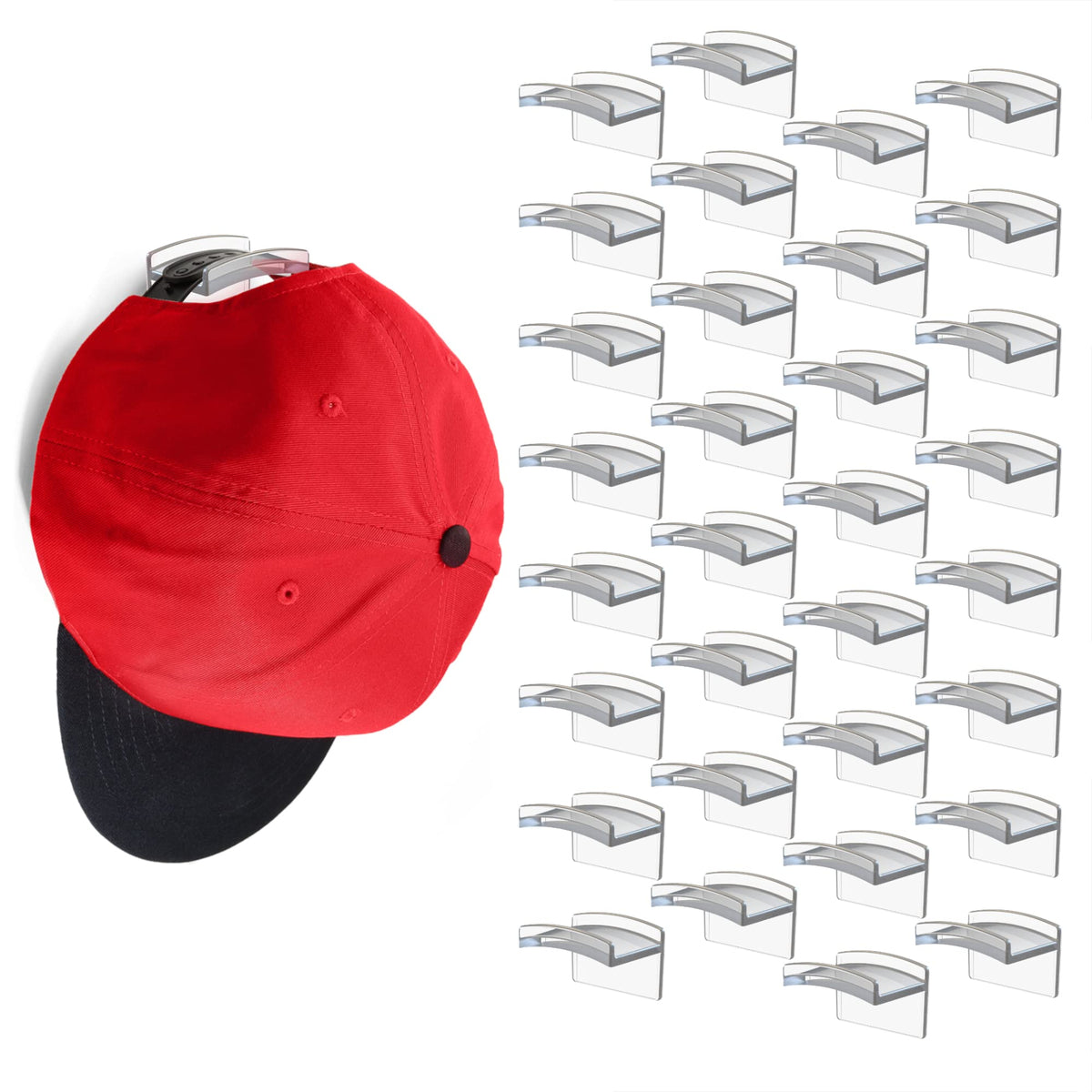 Modern JP Adhesive Hat Hooks for Wall (16-Pack) - Minimalist Hat Rack Design, No Drilling, Strong Hold Hat Hangers - USA Patented, Clear