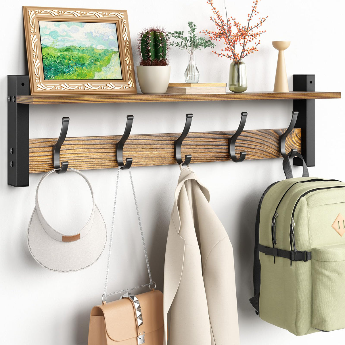 Optish Coat Rack Wall Mount with Shelf, 17.1 Inch Coat Hanger Walls Mounted, Hat Rack for Walls, Shelf with 5 Coat Hooks, Wall Hanger for Entryway (Black)