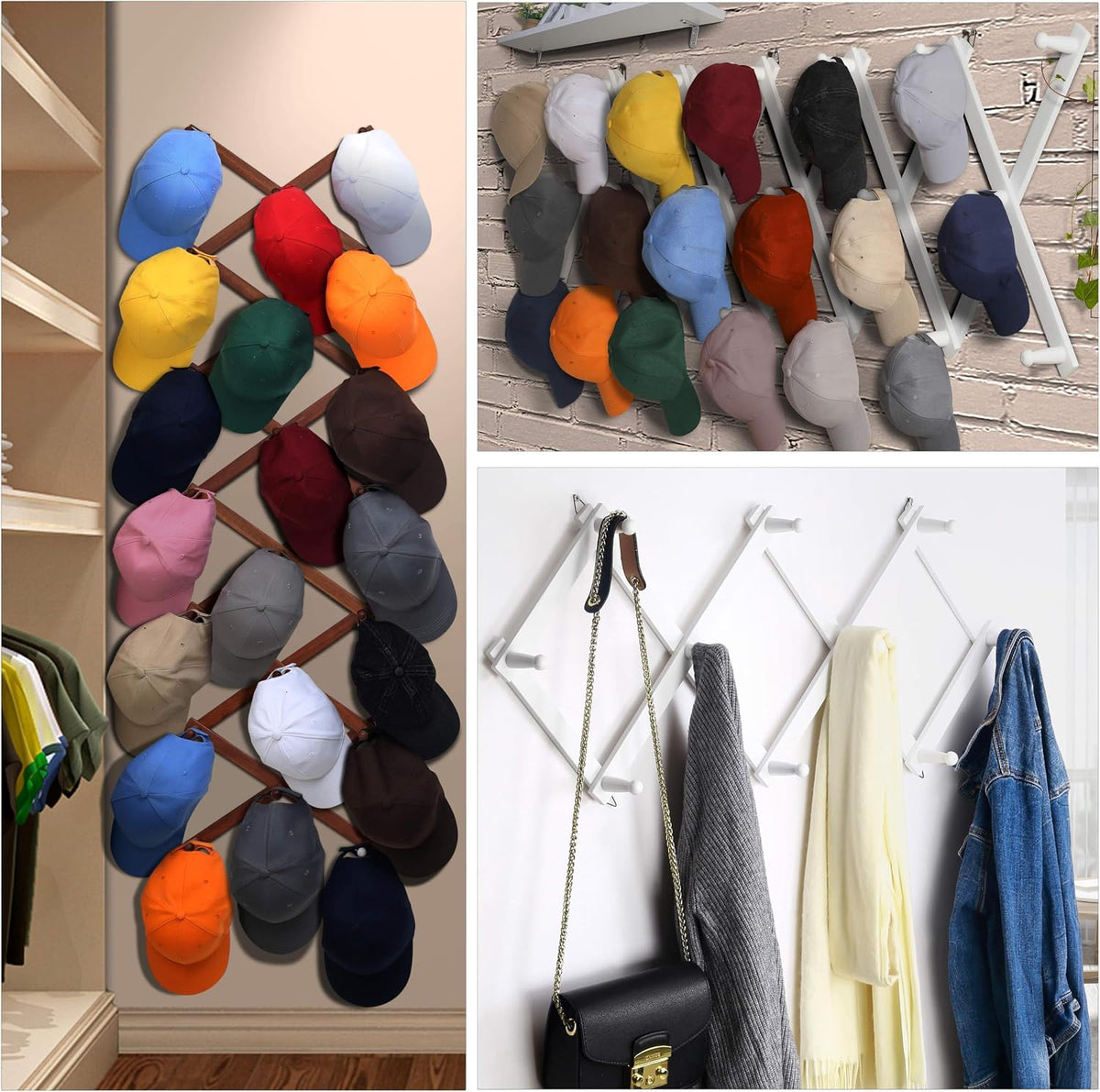 Dseap Accordian Wall Hanger: 16” High Wooden Wall Expandable Coat Rack, Hat Rack Holder, Accordion Hook for Baseball Caps, Coats, Mugs, 13 Peg Hooks, White