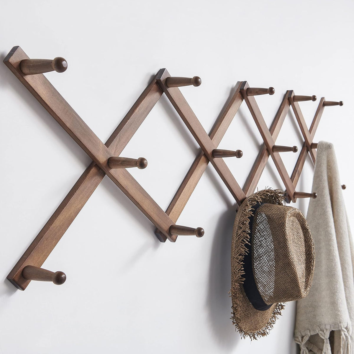 SKOLOO Hat Rack for Wall with 14 Hooks, Solid Wooden, Modern, Expandable Coat Rack Wall Mount for Coats, Hats, Bags, Baseball Caps, Walnut Color