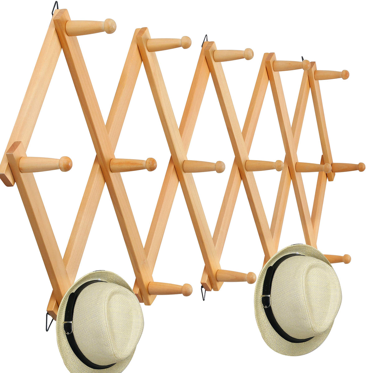 WEBI Accordion Wall Hanger, Wooden Coat Rack Wall Mounted, Hat & Cap Hook Rack, 16 Peg Hooks, Walnut Color