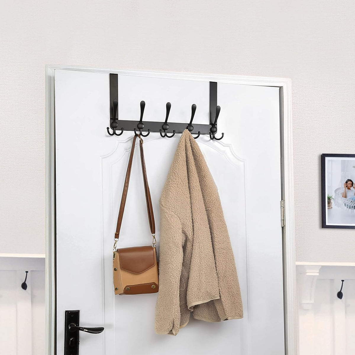 SKOLOO Over The Door Hook - for Doors up to 1-3/4'' Thickness, Metal Door Hanger with 5 Triple Hooks, Black Over The Door Hanger for Coats, Hats, Towels, Assembly Required