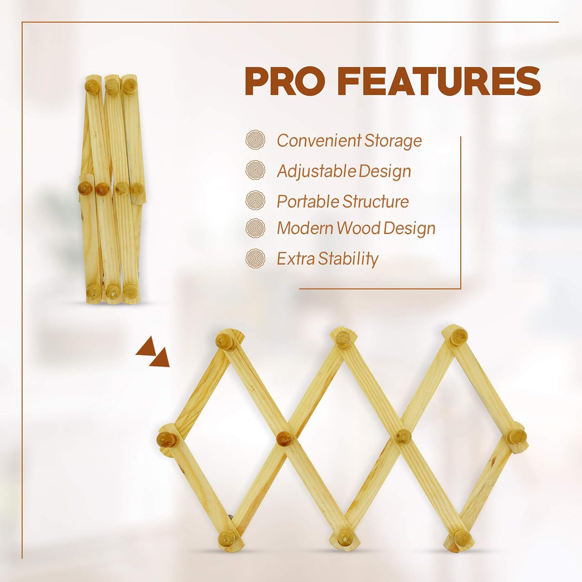 RamPro Accordion Style Wood Expandable Rack Hat, Cap, Belt, Umbrella Coffee Mug Wall wooden Pegs (Set of 2)