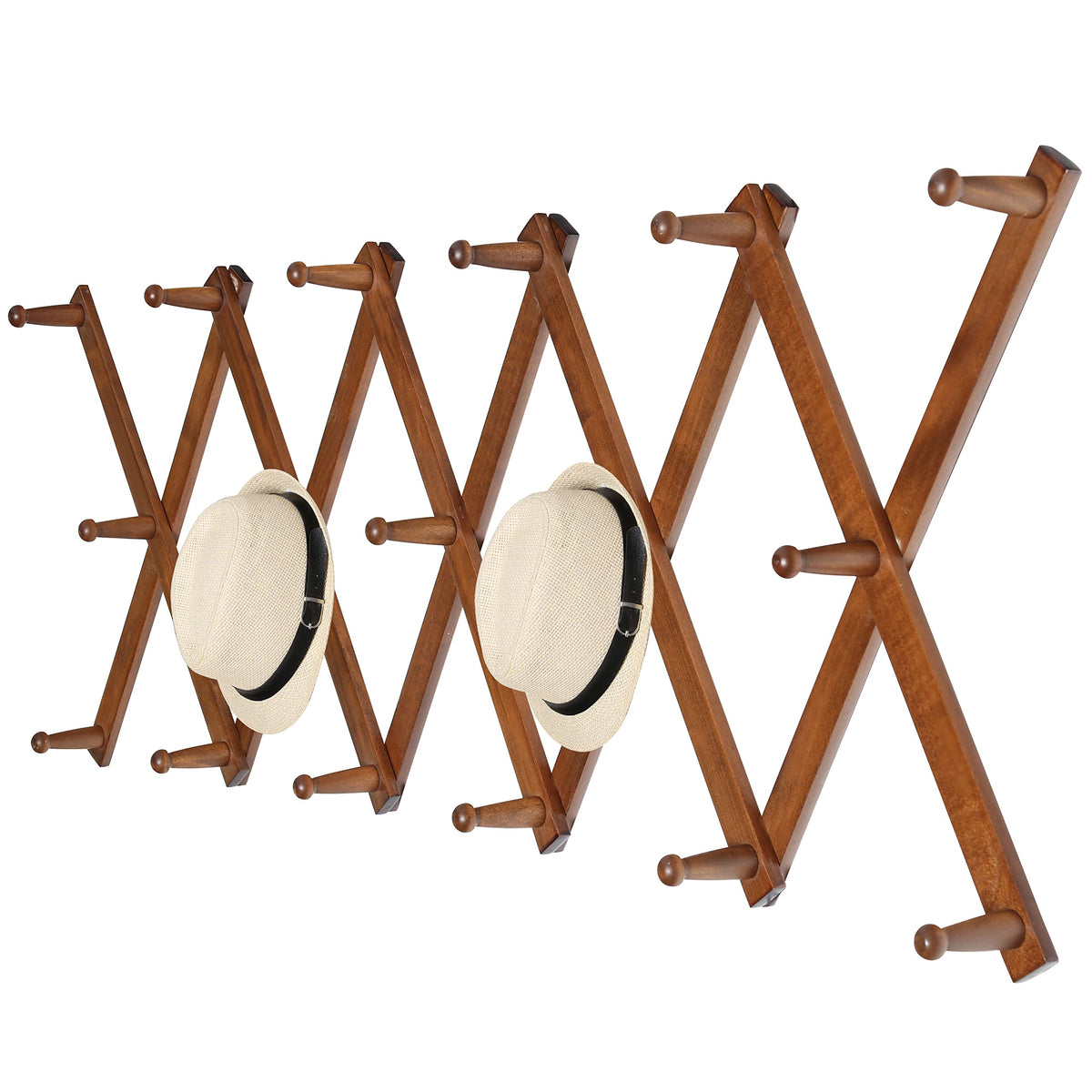 WEBI Accordion Wall Hanger, Wooden Coat Rack Wall Mounted, Hat & Cap Hook Rack, 16 Peg Hooks, Walnut Color
