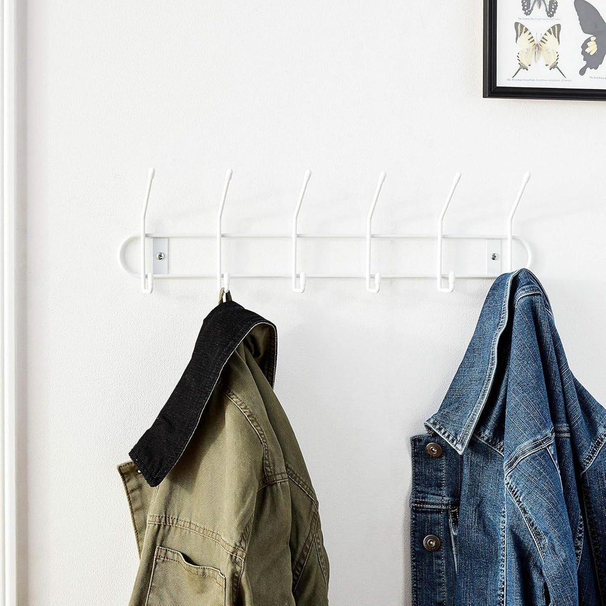 Spectrum 6 Hook Coat Rack Wall Mount for Entryway Closet Bathroom Garage, Sturdy Steel Wire Wall Mounted Coat Hooks for Hanging Hats Purses Towels Bags Backpacks, White