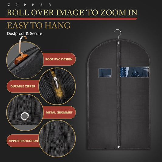 Hleelomi 5 Pack 40-inch Suit Bag Garment Bag for Travel and Storage, Garment Bags for Hanging Clothes with Zipper and Visible Transparent Window, Black