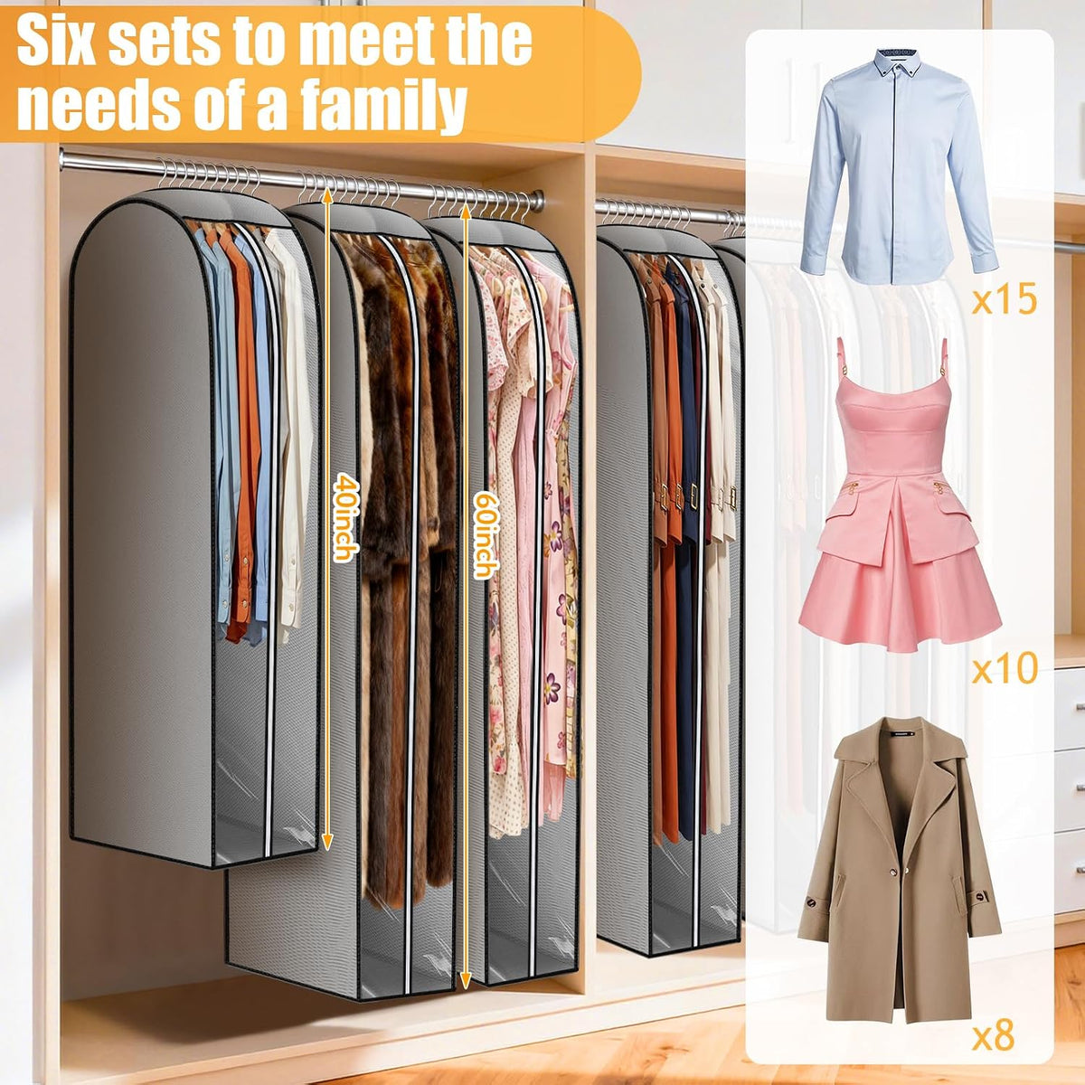 10" Gusseted Garment Bags Thicken for Hanging Clothes, 6 Pack, 40"&60"